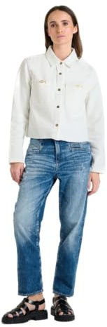 Le Temps des Cerises Damen Jeansjacke weiß Denim kurz goldfarbige Druckknöpfe VES F Manuela, Größe:XL