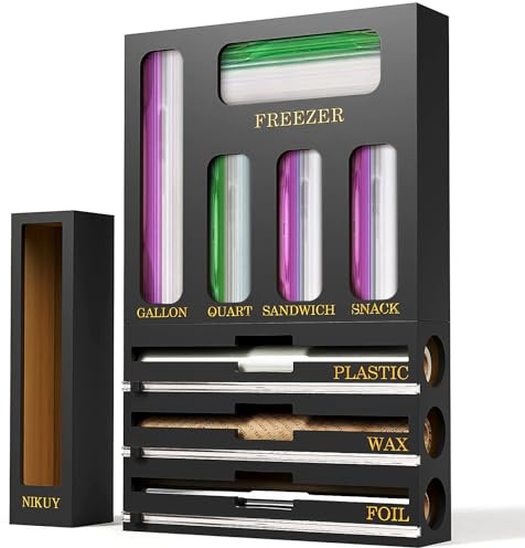NIKUY 9-in-1 Organizer aus Bambusfolie und Kunststofffolie für Küchenschublade, Plastiktüten-Organizer, Organisation und Aufbewahrung, Lebensmittelaufbewahrungstasche, Organizer (schwarz)