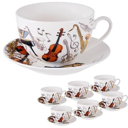 DRW Set 6 tazze con piatto in porcellana strumenti musicali 250 ml tazza: 9,5 x 9,5 x 6 cm