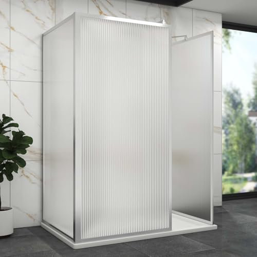 Luxor 3 Sided Fluted Walk in Shower Enclosure with 1400 x 800mm Shower Tray & Chrome Frame 8mm Easy Clean Toughened Safety Glass Screen
