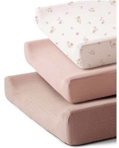 Coreeky 3 Pack Muslin Changing Pad Covers for Girl, Boy, 100% Soft Cotton Changing Table Cover, Breathable Baby Nursery Diaper Change Pad Fitted Sheets (Daisy Petal)