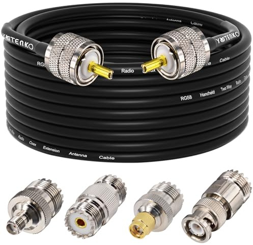 YOTENKO Ham Radio Coax Cable 50 Ohm, RG58 Coaxial Cable 40FT, PL259 Male to Male Coax + UHF SO239 Female to SMA/UHF/BNC Adapter 4-Pack,for CB,Amateur,Ham Radio