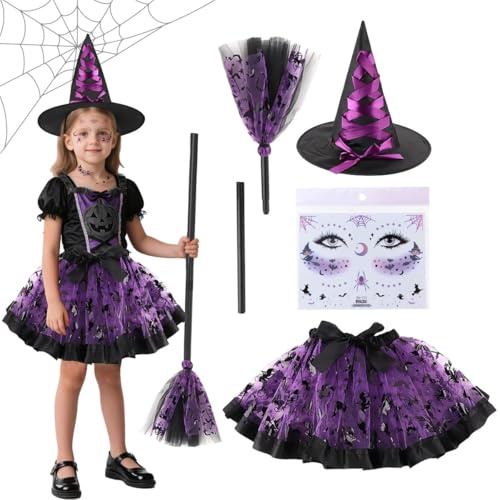 WELLXUNK Set Vestito Strega Halloween Bambina, Tutù da Strega per Bambina con Cappello Donna, Scopa e Adesivo per Viso con strega, Costume da Carnevale Accessori Halloween (Viola)