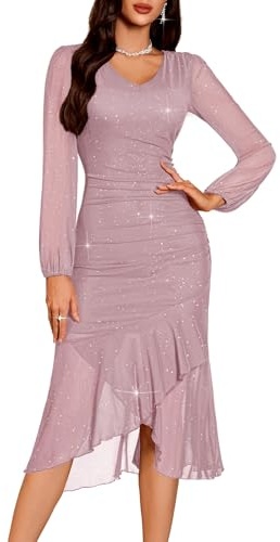 DRESSTELLS Cocktail Dresses for Women UK, Sparkly Long Sleeve Aline Bodycon Split Formal Sequin Modest Wedding Guest Evening Bridesmaid Dress Blush S