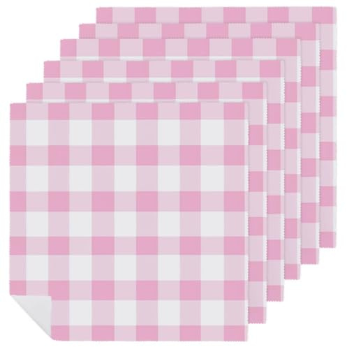 Set di 6 tovaglioli quadrati di stoffa a quadretti bianchi e rosa, riutilizzabili, lavabili, in poliestere, per cene e feste