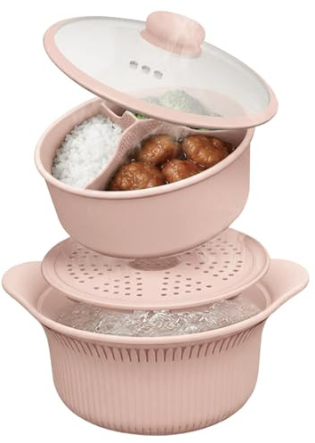 Lawnrden Olla de microondas de Silicona con 3 Compartimentos, con asa y Tapa para Verduras/Alimentos para bebés, Apta para Horno y lavavajillas, fácil de Limpiar