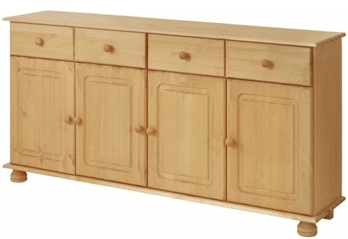 Mette Sideboard Natur Gewachst, 156 x 34 x 77 cm, Massivholz Sideboard mit 4 Türen und 4 Schubladen, Landhausschrank aus FSC-zertifiziertem Kiefernholz für Wohnzimmer und Esszimmer