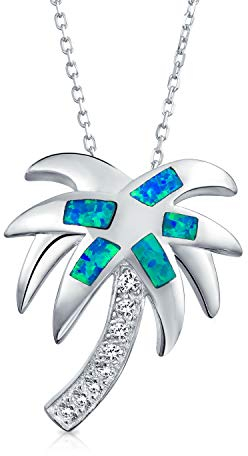 Bling Jewelry Collier Pendentif Palmier En Opale Créée Incrustée Bleu Plage Tropicale Pour Femmes Pour Ados .925 Argent Sterling