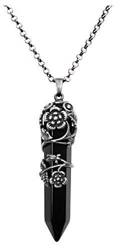 JSDDE Vintage Flower Wrapped Natural Black Agate Healing Crystal Pendant Necklace