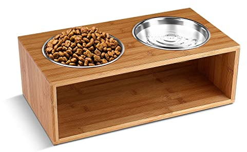 Flexzion Elevated Dog Bowl Stand Raised Dog Bowl Holder Pet Feeding Station Dish Riser 18 Oz 6-Inch Tall Food and Water Platform Stainless Steel Raised Food Bowl for Dogs and Cats with Wooden Stand