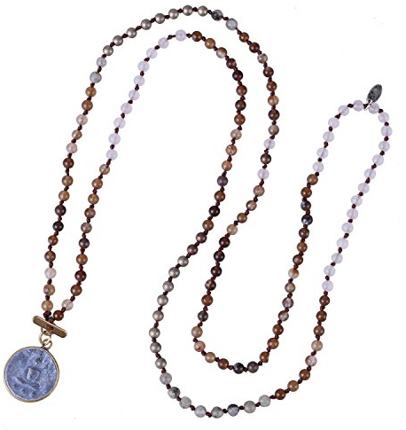 KELITCH Buddha Anhänger Halsketten Naturstein Perlenketten Handgefertigte Lange Kettenstränge Halsketten Schmuck für Frauen (Braun 93B)