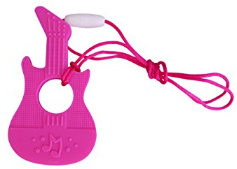 Beißring/Schnuller in Gitarren-Optik, Musik, zum Draufrumkauen, ohne BPA, Schnur samt Verschluss mit Zugentriegelung, 7 Farben (Rosa)