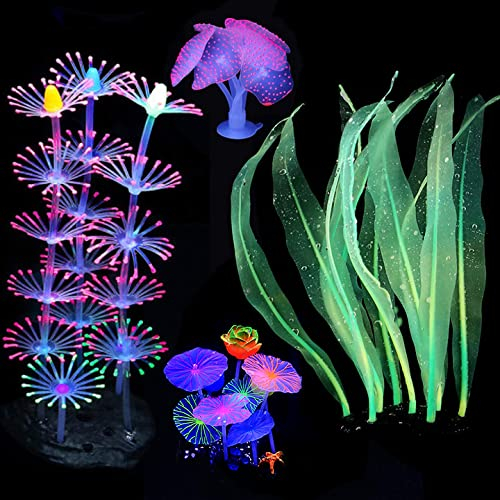 Podazz Leuchtende Aquariumdekoration Korallenpflanze Ornament Leuchteffekt Silikon künstliche Dekoration für Aquarium, Aquarium Landschaft (Silikon, Leuchtendes Lotus 4-teilig)