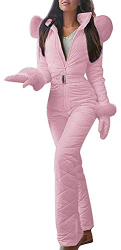 Minetom Damen Einteiliger Skioverall Winter Warme Schnee Skifahren Sätze Outdoor Jumpsuit Langer Overall mit Kapuze Reißverschluss Skianzüge wasserdicht Schneeanzug Rosa 36