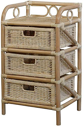 korb.outlet Rattan-Kommode mit 3 Schubladen Badregal Korb Regal Schubfächer aus echtem Rattan 46 cm breit (Vintage Weiss)