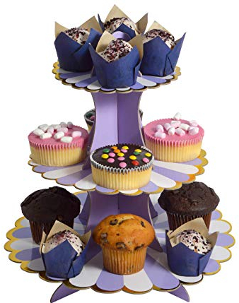 Etagere 3 Etagen Muffin Deko Cupcake Ständer Pappe 3-stöckig Babyparty Tortenständer Pappständer Muffinständer Groß (flieder)