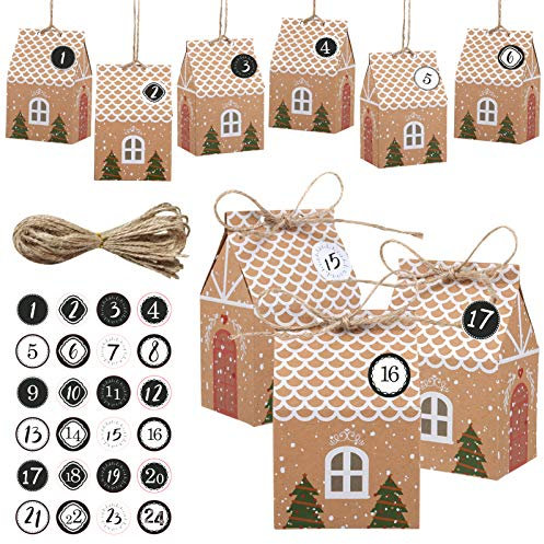 LEMESO Calendario Avvento 2025 Scatole Natalizie Regalo Natale Cartone con Adesivi Natalizi 24 pz in Carta Kraft Confezioni Regali Natale Decorazioni Casa Interno Advent Calendar