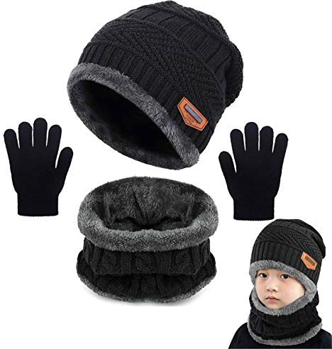 Yutdeng Ensemble de Tricotés Bonnet Écharpe e Gants pour Garçons Filles d'hiver Extensible Chaud Doublure en Polaire Épais Chapeau Enfants Doux Laine Mitaine Sports Ski 2-8 Ans Noir