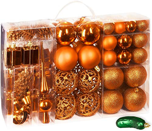 BRUBAKER 101 Stück sortierte Weihnachtskugeln - bruchsicher - mit grüner Gurke und Baumspitze - designed in Germany - orange