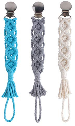 Schnullerkette Baumwolle 3er Pack Schnullerband Baby Schnullerketten Clips für Neugeboren Mädchen und Jungs (Beige + Blau + Grau)