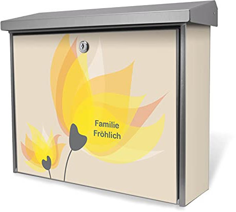 banjado® Burgwächter Briefkasten Edelstahl 38,5x31,5x12cm mit Motiv Sommerblüten/Briefkasten Edelstahl ohne Zeitungsfach/Briefkasten grau/Postkasten inkl. Montagematerial & 2 Schlüsseln