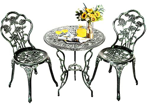 RELAX4LIFE Ensemble Salon de Jardin avec 1 Table et 2 Chaises, Set de Bistro en Alu Fonte avec Apparence Vintage, Bronzé, pour Jardin, Balcon, Terrasse (Fleur Vert)