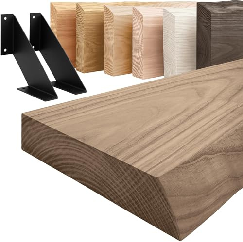 LAMO Manufaktur Holzregal mit schwarzen V-förmigen Halterungen | Wand Regal 80 cm breit für Wohnzimmer, Küche, Büro im Industrial-Stil | Farbe: Nussbaum, Kante: natürlich | Massivholz