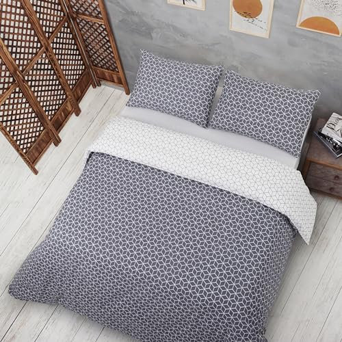 Vency Copripiumino Matrimoniale 240x220 3-Pezzi Grigio - OEKO-TEX 80% Cotone & 20% Poliestere, 1x Copripiumino con Cerniera + 2x federa con chiusura a busta 50x80 cm, Modello Puzzle