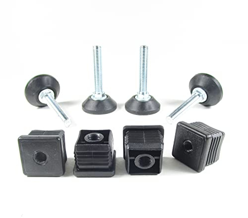 ajile Pied Vérin Fileté Réglable Ajustable pour Mise à Niveau M10 Longueur 50 mm avec Embout Taraudé pour Tube Carré 40x40 mm Plastique Noir - 4 pièces - KCX140