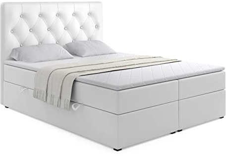 ALTDECOR Boxspringbett mit Multipocket-Matratze H4 (20 cm hoch) mit + PUR + Kokosmatte, Kunstlederbett, Topper (5 cm hoch), Polsterbett mit Kopfteil und Bettkasten - ROMI Madryt 920 Weiß 180x200