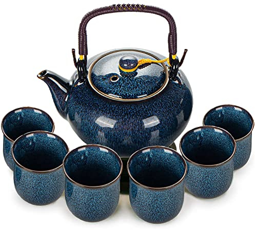 Webao Tee Set Chinesische Teeservice aus Keramik, 600ml Teekanne und 6 Tasse 120ml Kungfu Tee Services, Ofenveränderte Glasur asiatische Teekanne für Teeliebhaber, Blau
