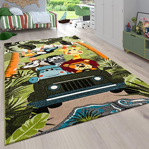 Paco Home Kinderzimmer Kinderteppich für Jungen mit Tier u. Dschungel Motiven Kurzflor, Grösse:200x290 cm, Farbe:Grün 6