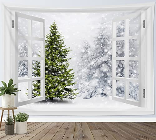LB Wandteppich Weihnachtsbaum Wandtuch Kiefer im Schneewald Wandbehang Winterlandschaft vor dem Fenster Tapisserie für Wohnzimmer Schlafzimmer Wohnheim Wanddeko,150x130cm