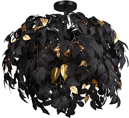 Reality Leuchten Deckenleuchte Leavy R60463032, Metall schwarz, Schirm Kunststoff schwarz/goldfarbig, exkl. 3x E14