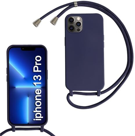 SLWYF Compatible with iPhone 13 Pro Crossbody Lanyard Case, Liquid Silicone Protective Phone Case with Strap Adjustable Neck Cord Necklace Soft Cover for iPhone 13 Pro, Navy blue