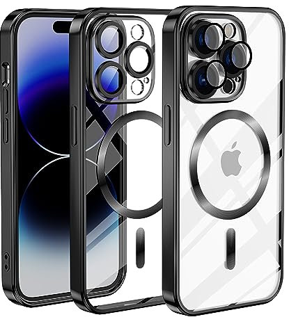 TUUTPU Cover Magnetica per iPhone 14 Pro, Custodia Comaptibile con Magsafe Trasparente Antiurto Protezione Copertura della fotocamera Non ingiallente Sottile Silicone Telefono Clear Case, Nero