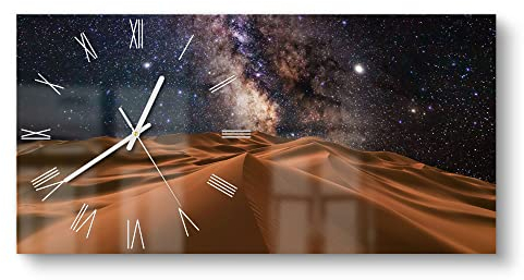 DEQORI Glasuhr | vertikal 60x30 cm | Motiv Milchstraße über Wüste | große XXL Design Uhr aus Glas | leise Wanduhr für Wohnzimmer & Küche | Moderne Hingucker Uhr für die Wand