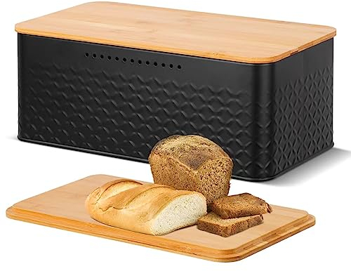 Chuboir Bread Bin, Metal Bread Box with Bamboo Lid Usable as Cutting Board, Bread Storage Container Holder for Kitchen Countertop, 13 x 7 x 5.3 inch (Black)