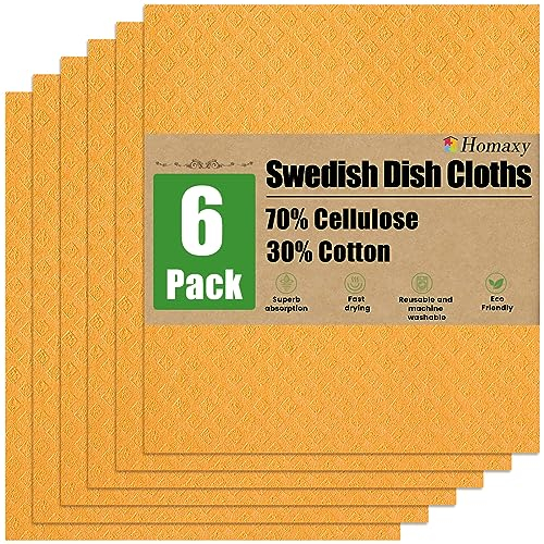 Homaxy Swedish Dishcloths for Kitchen, 6 Pack Reusable and Washable Cellulose Sponge Cloths Dish Towels, Absorbent and No Odor Paper Towels for Dishes ＆ Counters, Orange