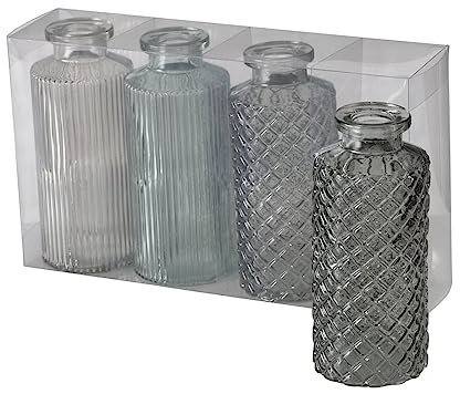 ReWu Blumenvase im 4er Set aus Glas in Flaschenform mit Relief Veredelung Dekovase Blumenvase für Ihren Wohnraum - Hellgrün