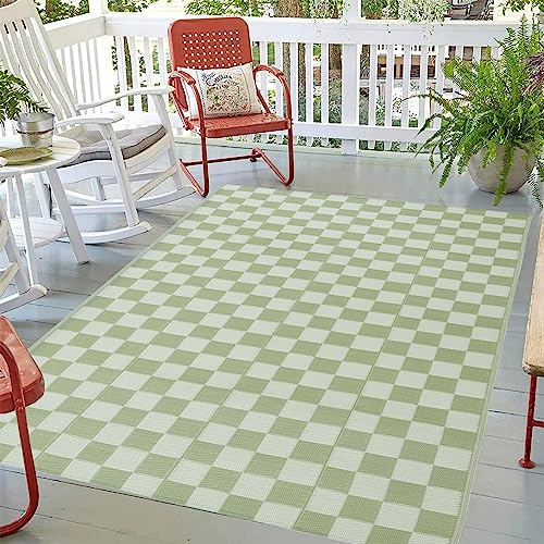 XQKXHZ Grün Karierter Outdoor-Teppich 150X245cm Wendbarer Outdoorteppich Balkon Teppich Wetterfest Picknickdecken Plastik-Stroh-Teppich Für Terrasse, Hinterhof, Deck, Strand,Campingteppich