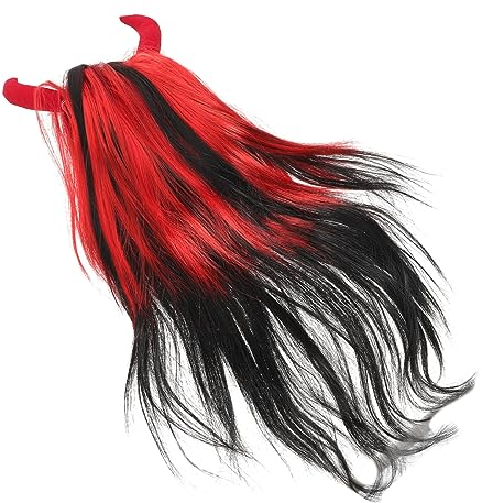 IWOWHERO Bull Horn Cosplay Perücke Kreative Lange Gerade Perücke für Cosplay Partys und Halloween mit Hörnern für Kostüme und Maskeraden
