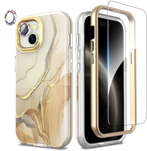 SHEDEER 4-in-1 iPhone 15 Hülle mit Schutzfolie + Stoßfänger & Kameraschutz | Militärischer Stoßfest 360°-Schutz, 15 Hülle Glänzend Fade-Resistant Muster-Design Handy Case (Beige)