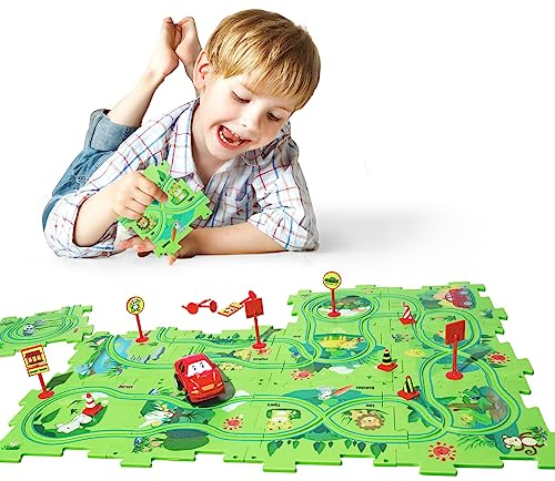 KADAYAYA Puzzle mit Spielzeugauto mit Fahrzeug für Kleinkind ab 3 Jahre, Wald 12pcs Puzzle, 25-teilig