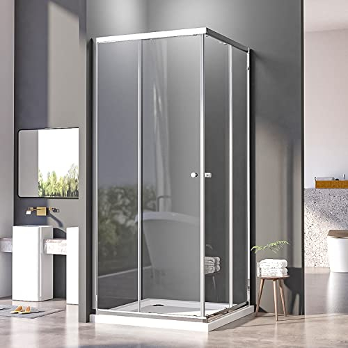 Duschkabine 100x100cm Eckeinstieg mit Schiebetüren,Doppel Schiebetür Duschabtrennung 6mm ESG Glas Duschabtrennung Silber,Über Einer Duschwanne Oder Fliesen Montiert,Höhe 185cm(Ohne Duschtasse)