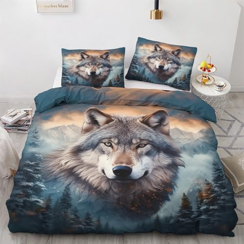 GEDAEUBA Wolf Bettwäsche 135x200 Winter - Wilde Tiere Bettbezug 135 x 200 2er Set, Wendebettwäsche und Kissenbezug 80x80, Weiche & Angenehme & Warme Mikrofaser Bettwäsche-Sets mit Reißverschluss