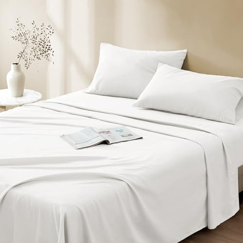 Comfort Spaces 100% Cotton Sheet Set Breathable, Lightweight, Soft with 14 Elastic Pocket Fits up to 16 Mattress, All Season Cozy Bedding, Matching Pillow Case, King White 4 Piece