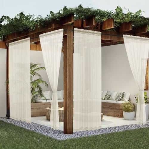 Youleyar Sheer Outdoor Curtains for Patio Waterproof 2 Panels Linen Look Rod Pocket Indoor Ivory Voile Curtain for Living Room, Bedroom, Porch, Pergola, Cabana, Gazebo(52x96 Inch, Ivory)