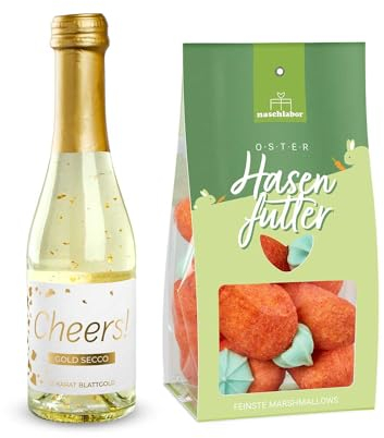 2er-Set Gold Secco Cheers! und Marshmallows Hasenfutter | Osterhase | Ostergeschenk | Gold Sekt | Geschenk für Freundin | Edler Prosecco | Perfekt für festliche Anlässe | Exklusive Geschenkidee