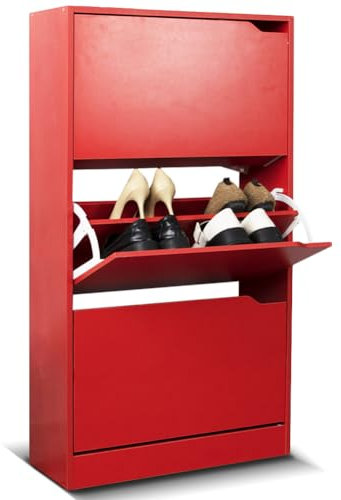 BAKAJI Scarpiera Portascarpe in Legno MDF con 3 Ante Porta Scarpe a Ribalta Maniglie a Scomparsa Doppia Profondità Dimensioni Compatte Slim 63 x 24 x 115 cm Salvaspazio Ingresso Casa (Rosso Vino)